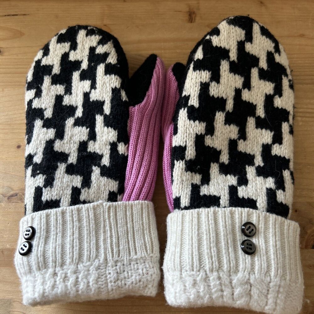 Upcycled Sweater Mittens Houndstooth Check & Pink Fleece Lined Knit Mitts Sz L